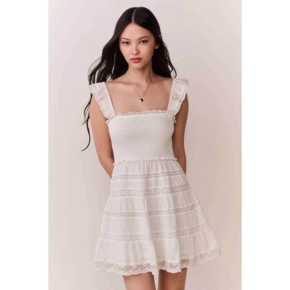 NEW LOVESHACKFANCY colbera lace-trimmed cotton mini dress in white